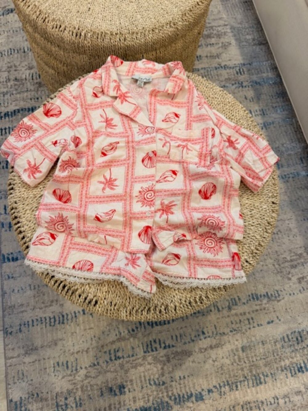 Women's Red and Cream Seaside Stamp Print Pajama Short Set, Small